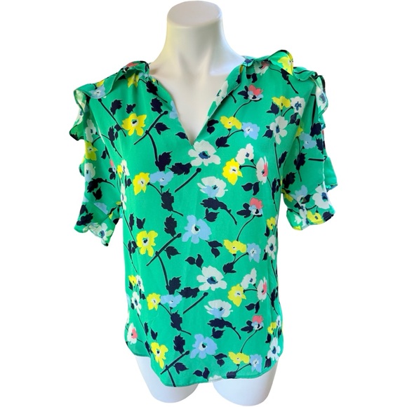 Banana Republic Green Floral V-Neck Ruffle Sleeve Blouse - Picture 2 of 9